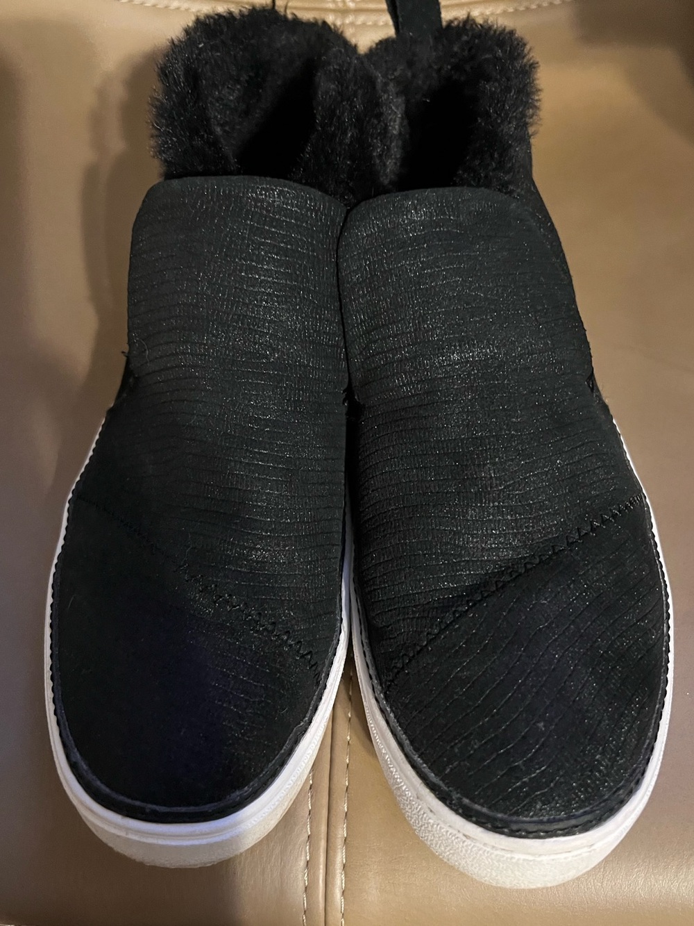 Toms Black Slip-On Sneakers with Faux Fur Trim
